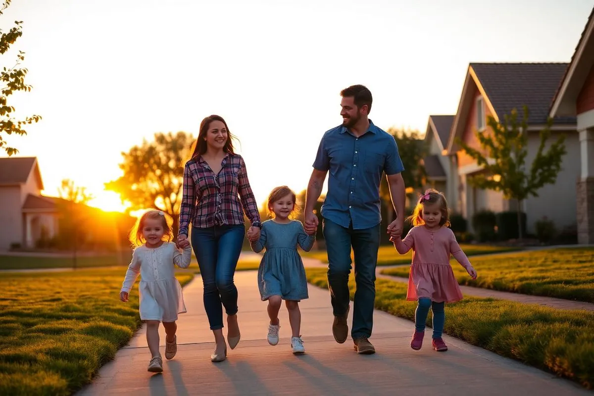 Parents walking with their children in a Central Valley neighborhood