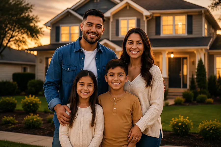 Central Valley family standing in front of their Fresno home at sunset